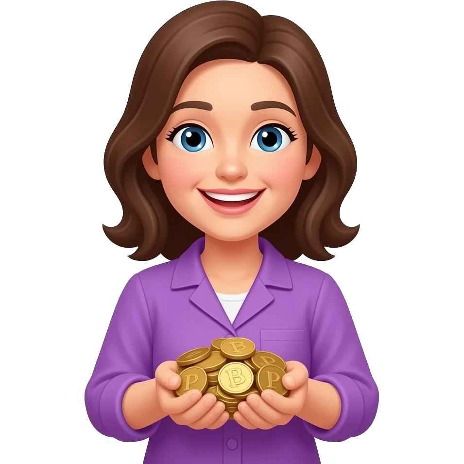 Счастливая женщина с кучей рубли в фиолетовой одежде не доллар emoji