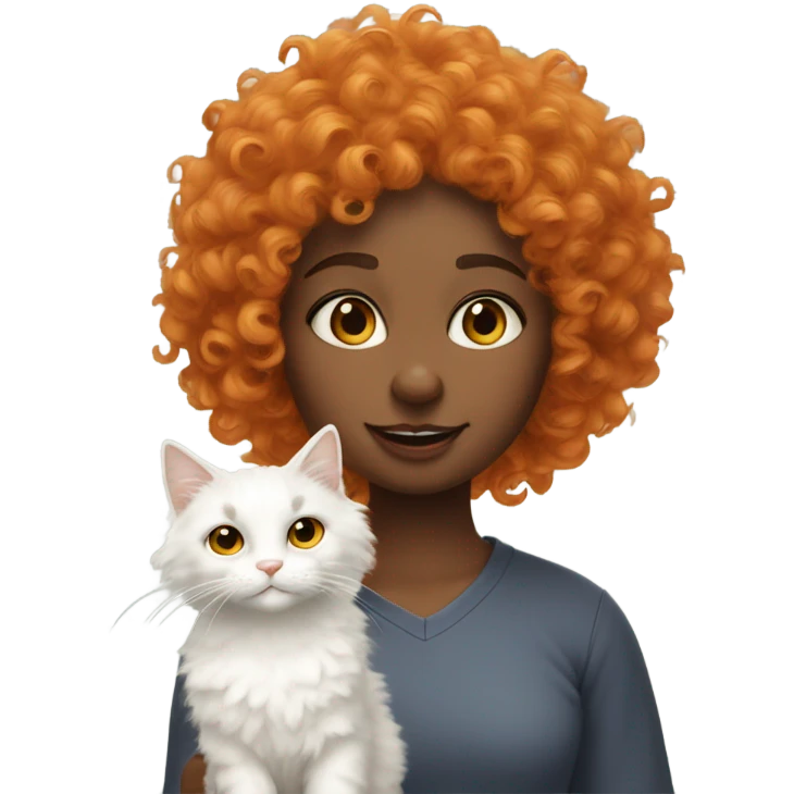 Curly orange hairy girl with her full of white cat emoji