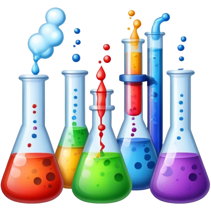 An icon featuring chemical flasks, liquids, powders, and chemical formulas, symbolizing the science of chemistry. The design includes bubbling reactions, molecular structures, and test tubes, representing experimentation and chemical analysis. Transparent background. emoji