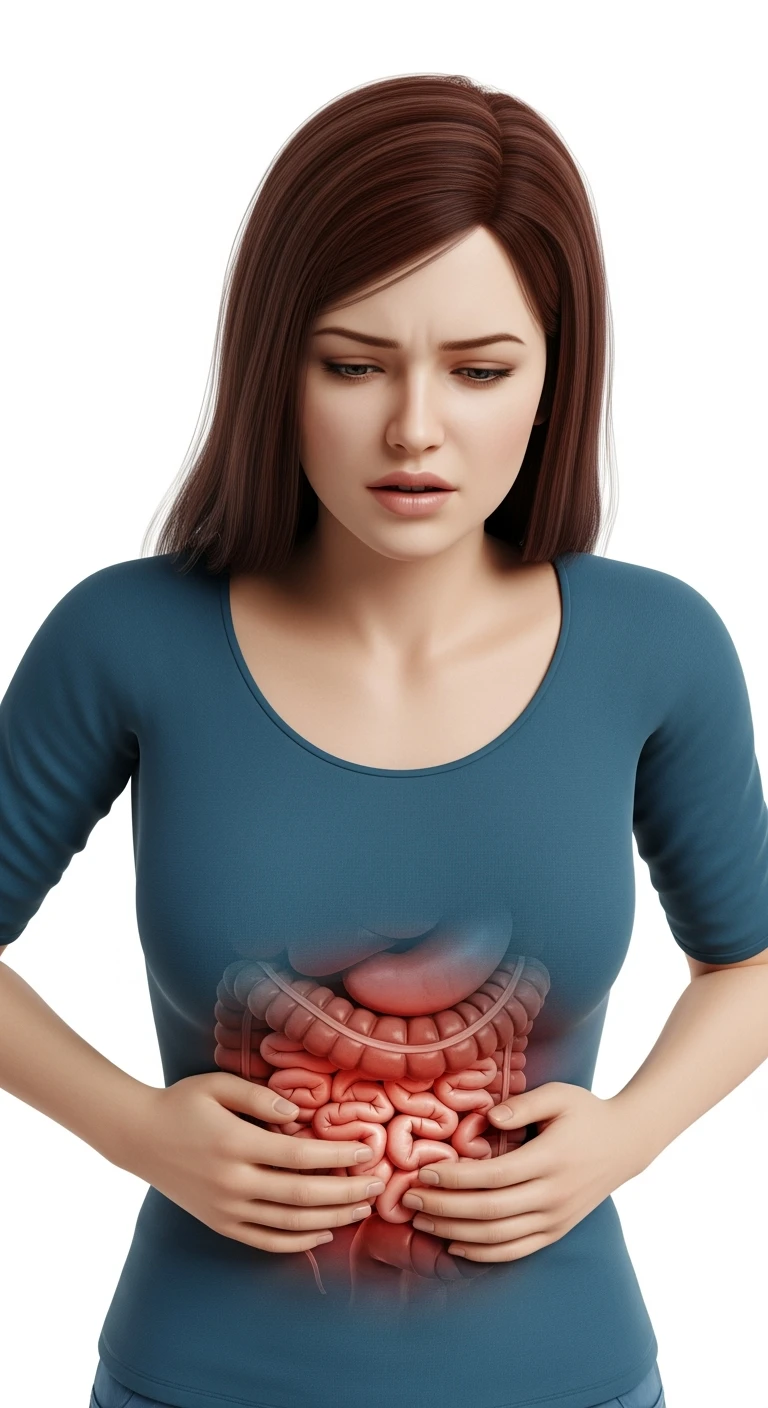 UNA DONNA REALISTICA con mal di pancia, INTESTINO ANATOMICO INFIAMMATO VISIBILE, MAL DI PANCIA, posa frontale, ISOLATA SU SFONDO BIANCO, IPERREALISTICA 4K emoji