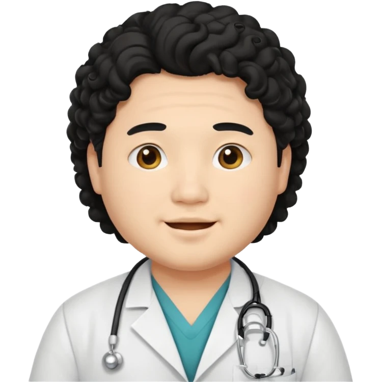 a young asian chubby male doctor with black long curly hair and cheerful face without gpasses emoji