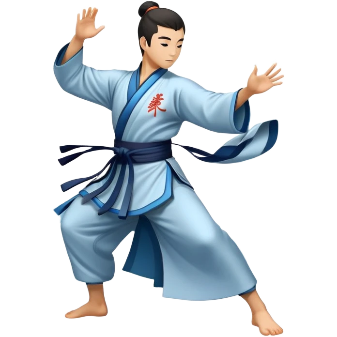 Emblem symbolizing Wushu martial arts. A graceful martial artist performs a dynamic kung fu pose, with flowing movements and a long, elegant robe. The background features stylized clouds and traditional Chinese symbols, representing fluidity, balance, and precision. Transparent background. emoji