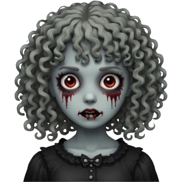 Faça um emoji de zumbi mulher, cabelo cacheado e franja cacheada, deixe ele com a estética meio gothic emoji