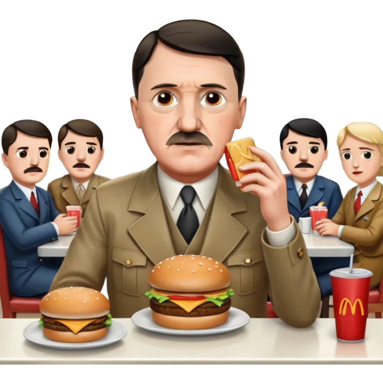 adolf hitler holding a big mac while sitting in a diner while being surrounded by his enemies  emoji