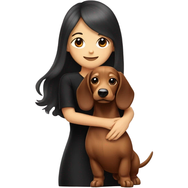 an Asian girl with long hair, wear black dress, hugging long-haired dachshund emoji