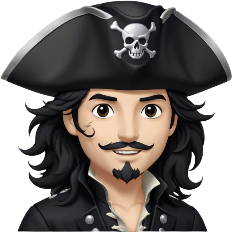 A charismatic pirate with wavy black hair tousled by the breeze. His silver-embroidered tricorn hat casts a shadow. Dark eyes glint with mischief as he looks to the side, a knowing smile on his lips. His black coat, adorned with silver buttons, shifts with the wind emoji