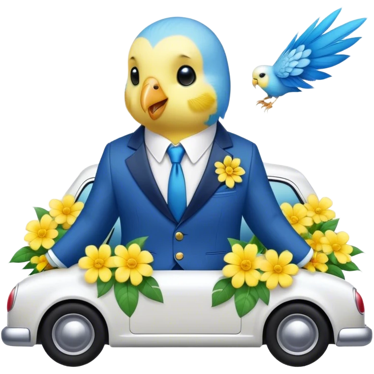 cute budgie in a suit with flowers on a car  emoji