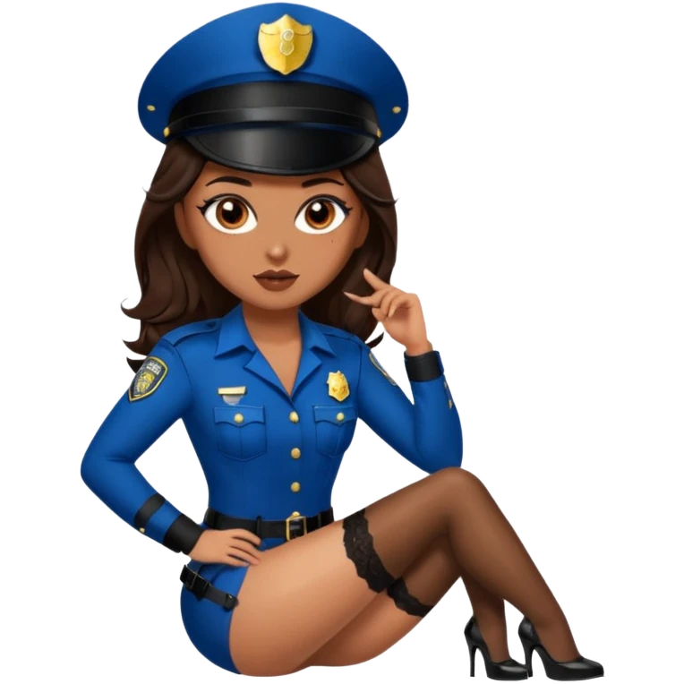 A sexy girl. with caramel skin. Dark brown hair and brown eyes. She has freckles. Wearing sexy makeup. Dressed as a sexy cop. wearing lingerie. Wearing heels on her feet emoji
