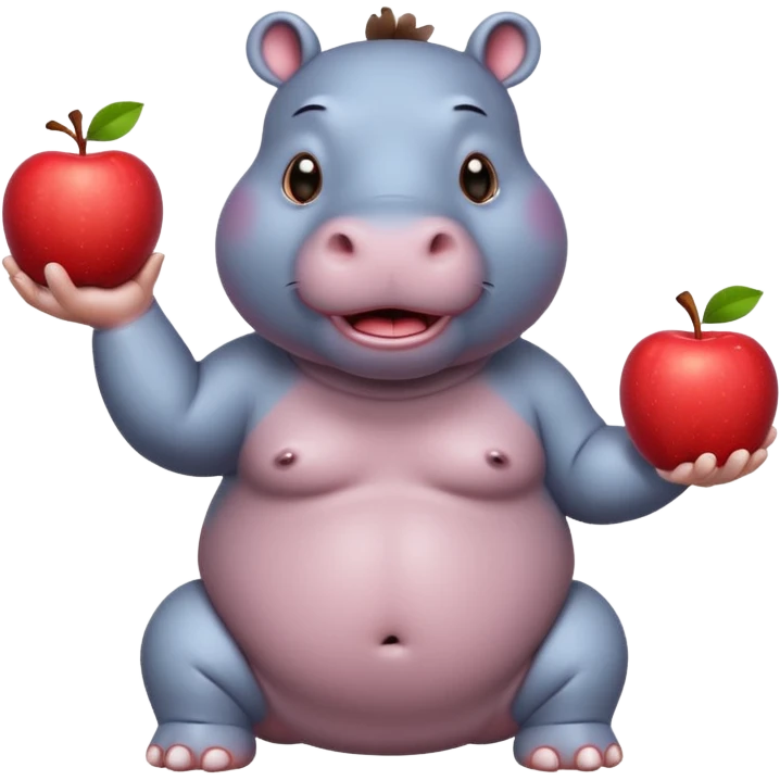 a Circus cute hippo juggling two apple emoji