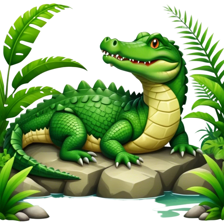 Crocodile resting, surrounded by rocks, water, and tropical plants. The green scales of the crocodile glisten under the light, with its sharp eyes focused ahead. The background features a naturalistic habitat with plants and water, giving it a lifelike feel. emoji