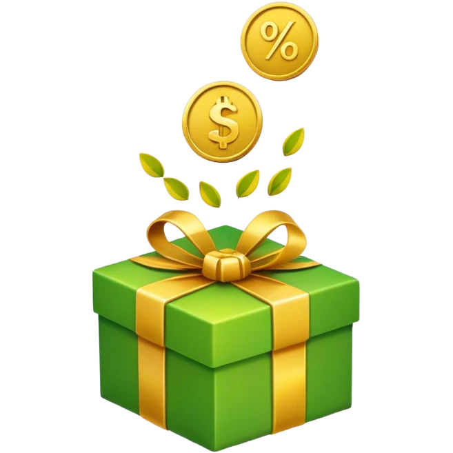 emoji representing bonuses with symbols like a gift box, coins, or a percentage sign. Use a modern, minimalist style with bright colors like gold, green, or yellow emoji