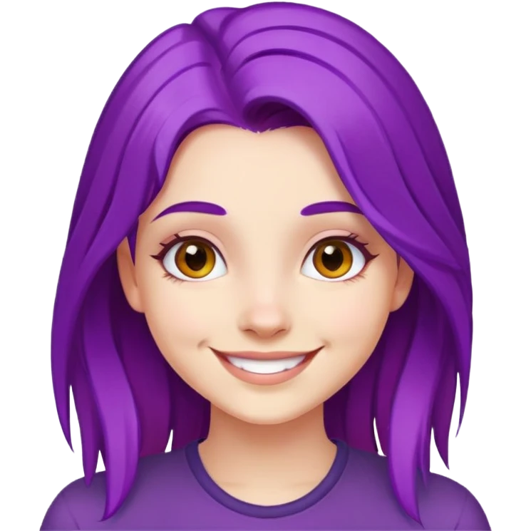 A girl with vibrant purple hair, smiling face emoji