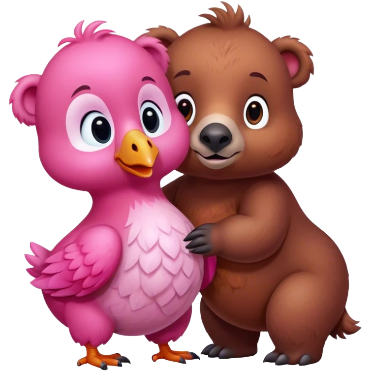 A cute brown bear and a realistic cute pink dodo closely together emoji