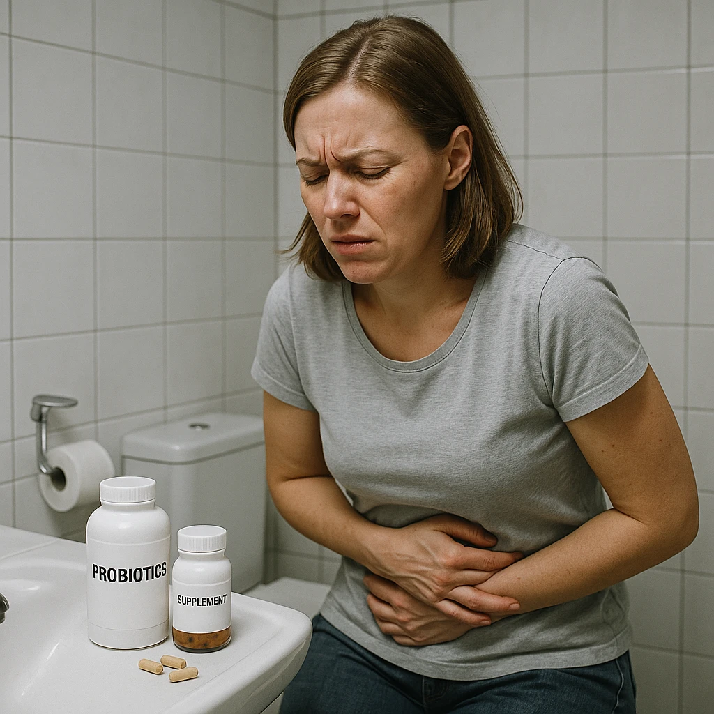 realistic style woman in bathroom with symptoms of intestinal dysbiosis, supplements visible on sink, clinical atmosphere, realistic details emoji