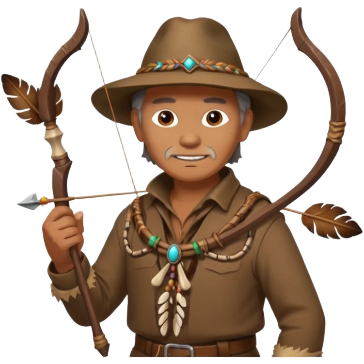 The classic image of a middle-aged uncle hunter carrying a bow, dressed in brown clothes, with some ornaments made of feathers, bones or teeth on his body. emoji