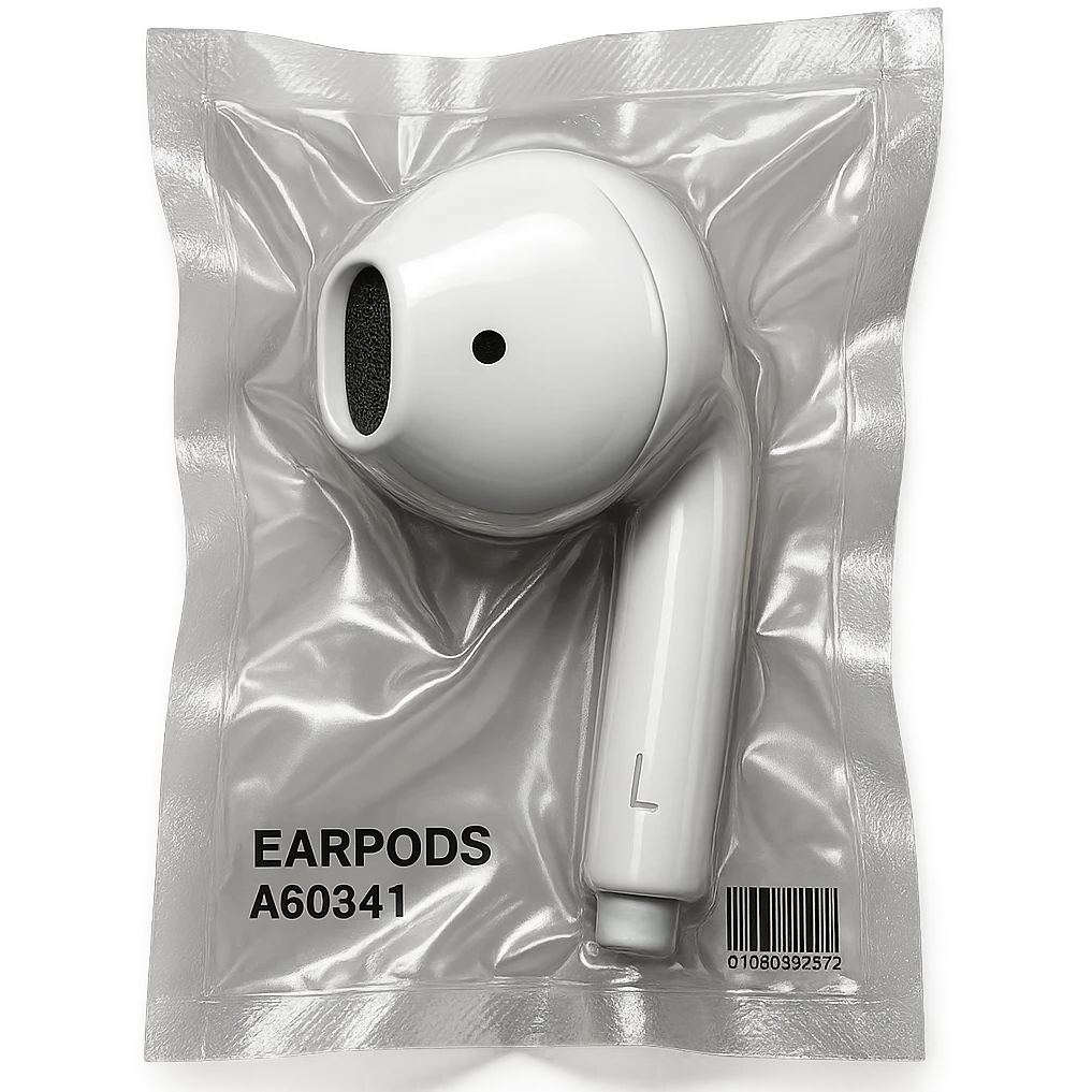 close-up on white EarPods earbud, shiny and inflated emoji