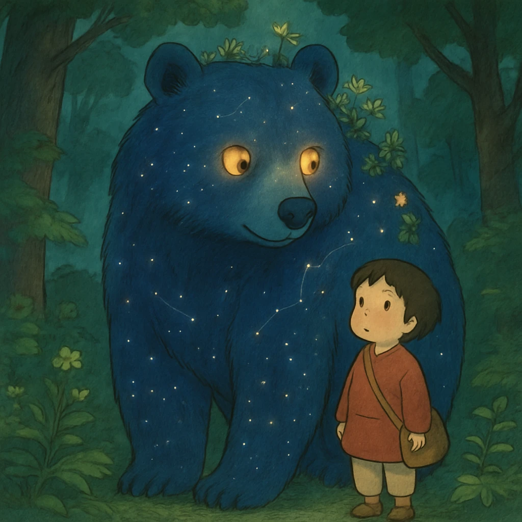A protective bear spirit companion with stars and constellations visible in its fur, gentle eyes that glow like amber, small plants and flowers growing on its back, standing beside a young child in a forest emoji