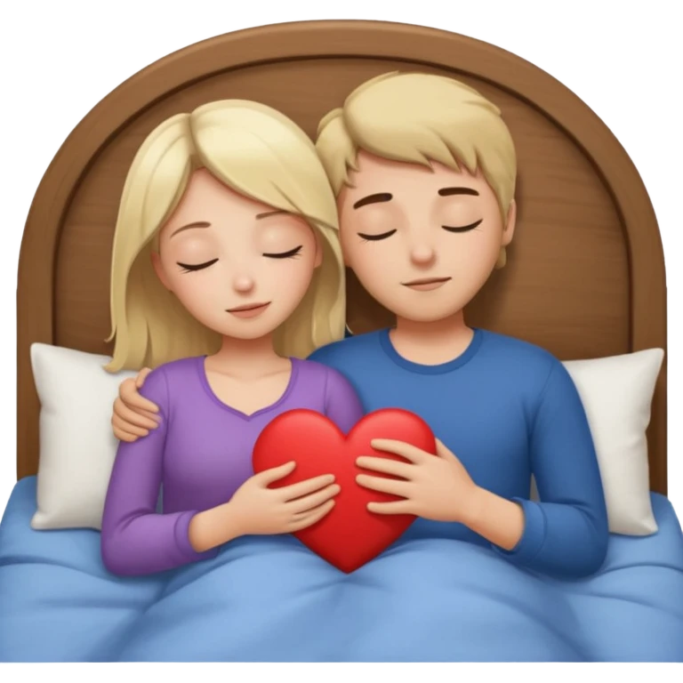 cuddling in bed, asleep. blonde girl. brunette man. eyes closed. heart between them. no headboard emoji