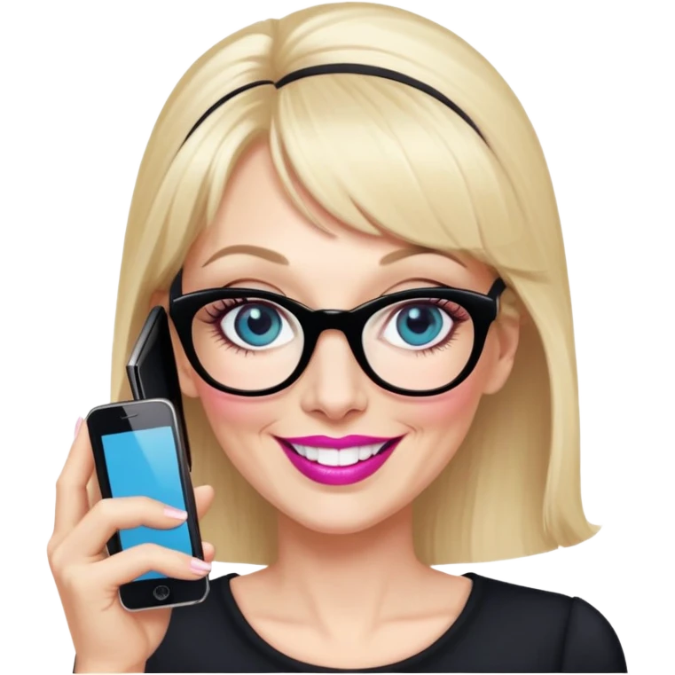 Pin up Woman in her early 50s with pale skin, wider face, blue eyes with eyeliner, thin eyebrows, long eyelashes, pink lipstick, blonde hair up with bangs, wearing black glasses. Laughing on a mobile phone  emoji