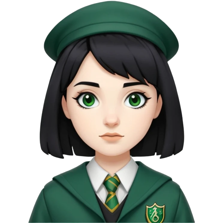 Pansy Parkinson in harry potter, wear hogwarts slytherin uniform, black hair emoji