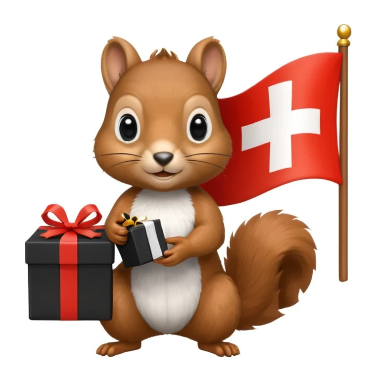 a squirrel holding a black gift box in one hand and a Swiss flag in the other, both objects clearly visible, simple white background, the gift is a different color from the flag emoji