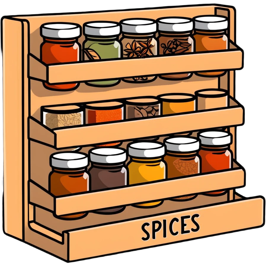 A wooden spice rack with various labeled jars of spices emoji