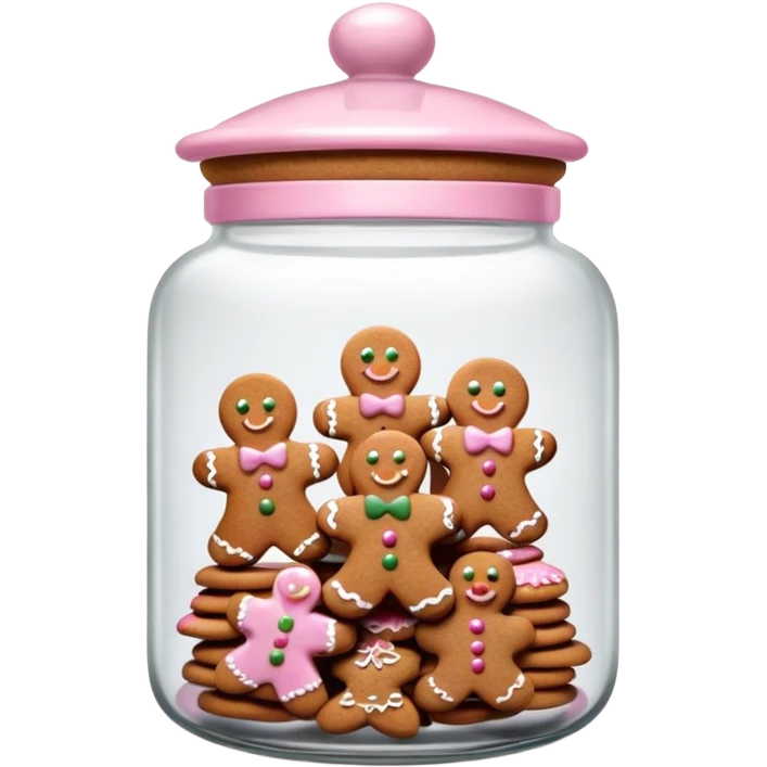 Realistic glass cookie jar with light pink lid full of gingerbread cookies isolated.  emoji