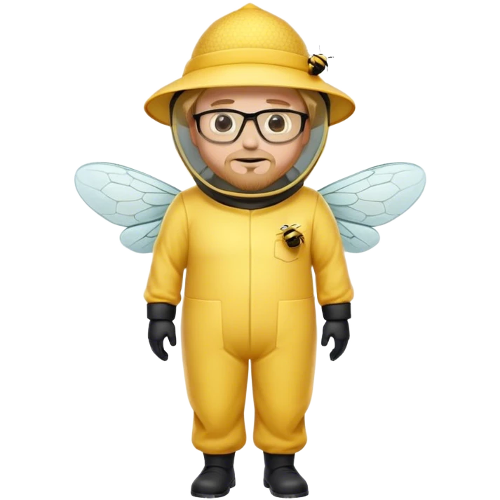 full body medium plus size male bee keeper in yellow and black with short light strawberry blonde hair and goatee wearing glasses with bee keeper hat emoji