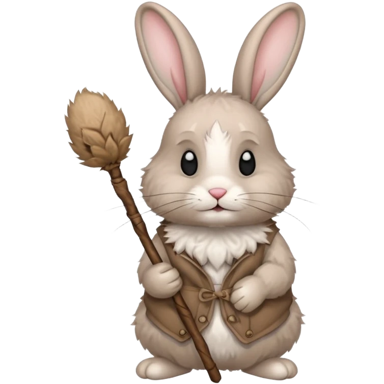 A fluffy rabbit with messy fur, carrying a patched little pouch tied to a stick, ears drooping but expression soft.
 emoji