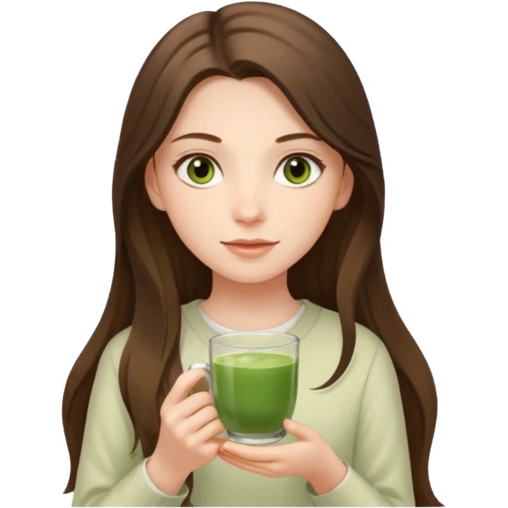 white long brunette hair girl with hazel eyes wearing light who is holding matcha emoji