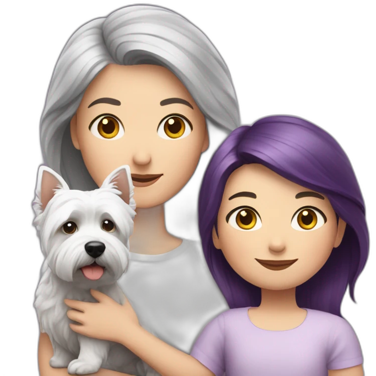 Family picture woman with purple/gray hair, aduld child with dark brown hair and West Highland White Terrier emoji