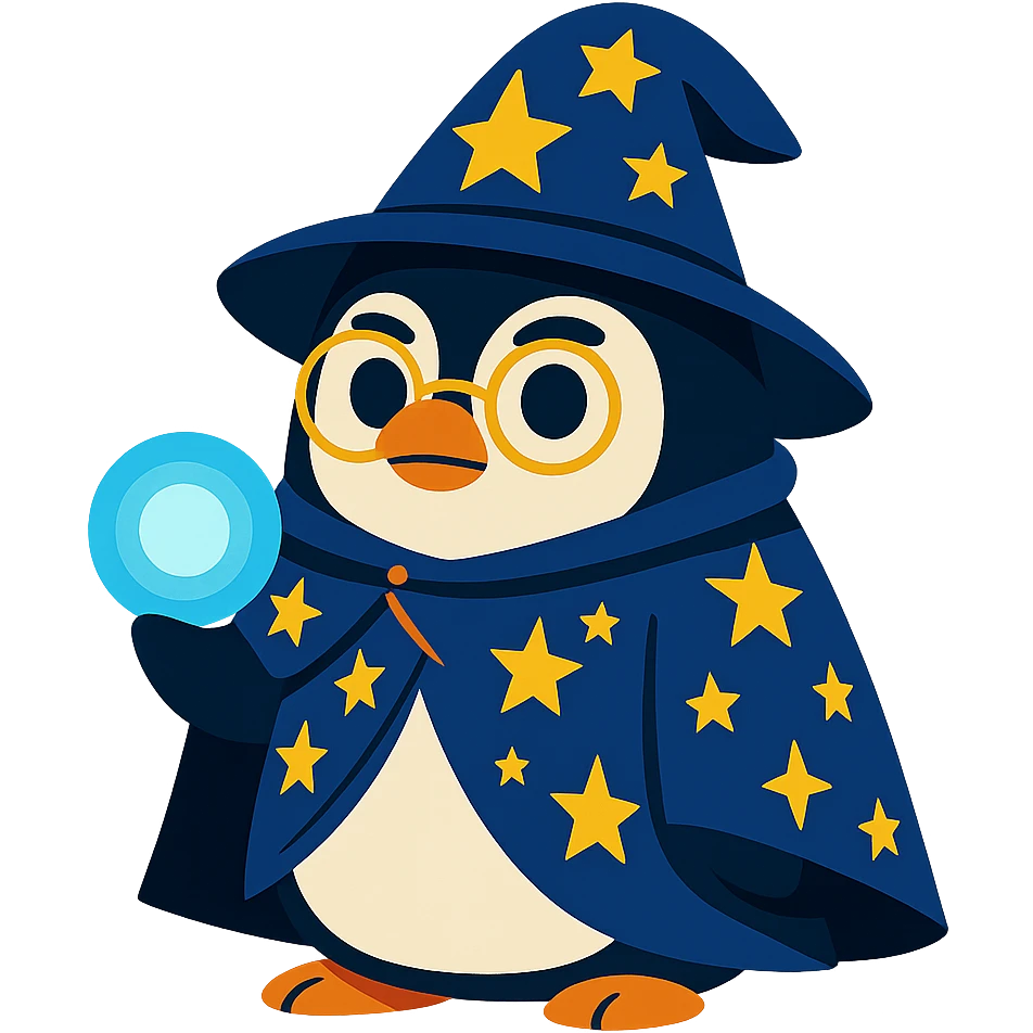 chubby penguin in wizard attire, with a starry cloak and a glowing orb, looking wise and mystical emoji
