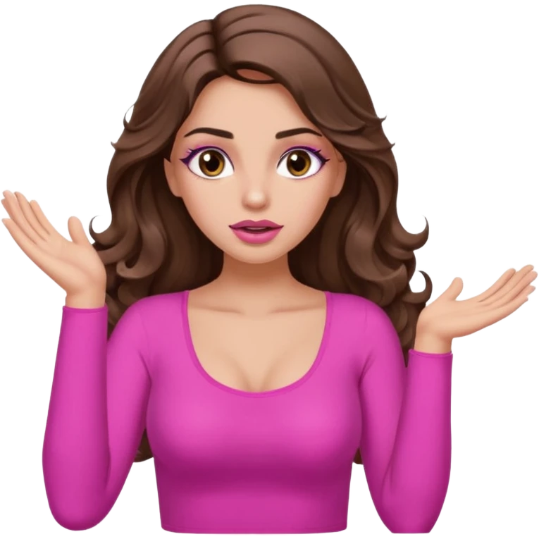 girl with long wavy brown hair, brown eyes, long lashes makeup, sexy pink lips, light to medium complexion, pink sexy top, two hands up, shrugging, confused emoji