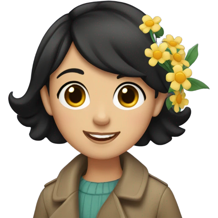 A girl with very short black hair, fair skin, and brown eyes wearing a coat and waving flowers emoji