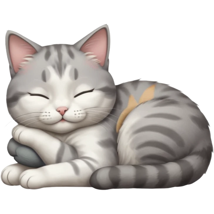 grey and white small cat with its eyes closed lying down leaning on his elbow with his paw curled under his head holding it up emoji