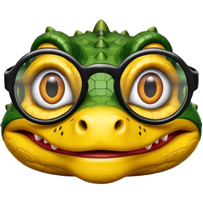 Cocodrilo con boca cerrada mirando de frente que tengan lentes negros y oscuros y sea color amarillo con fondo blanco emoji