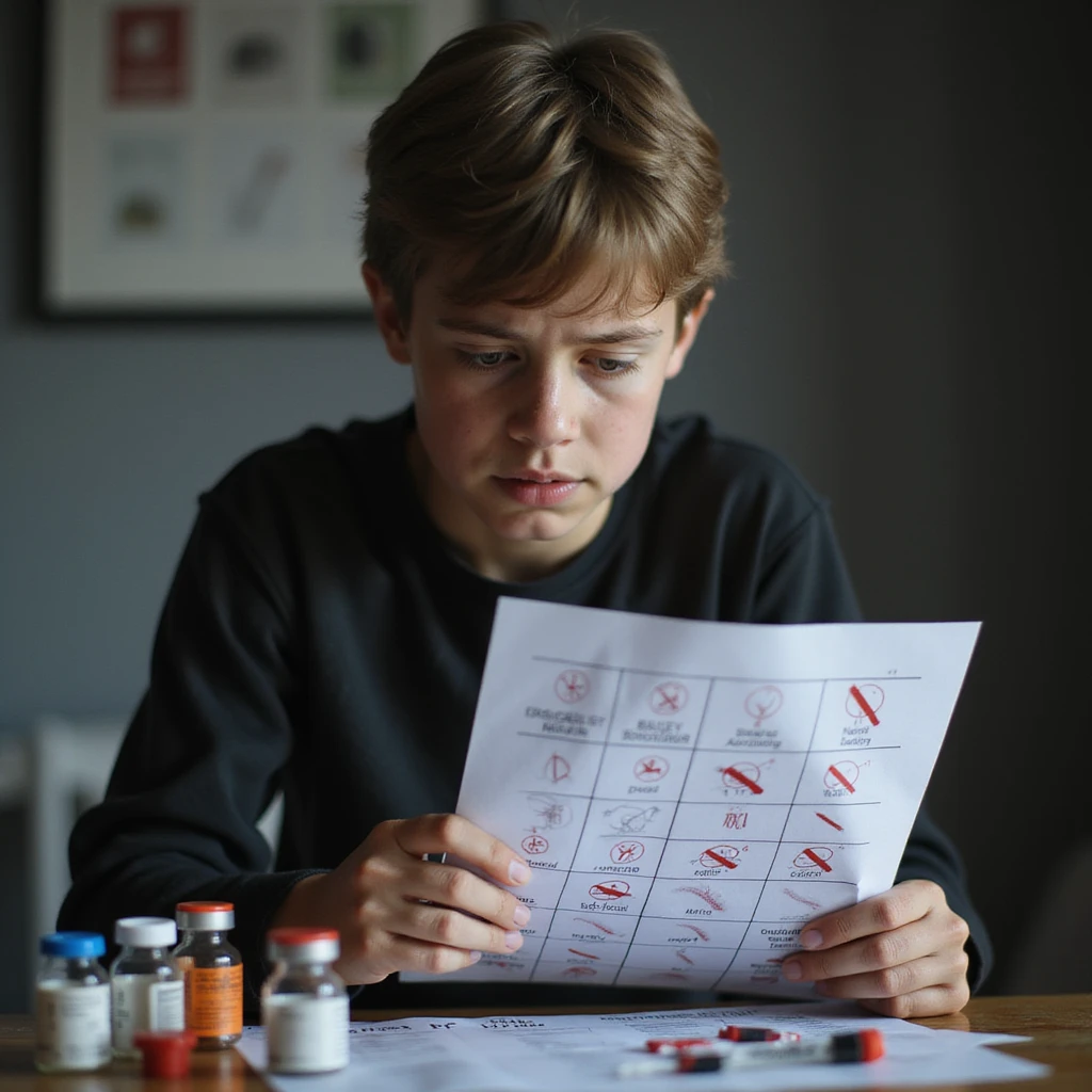realistic young inexperienced athlete consulting dosage chart with errors, surrounded by danger symbols and anabolic vials, worried expression, risk atmosphere, isolated on white background, 4K quality emoji
