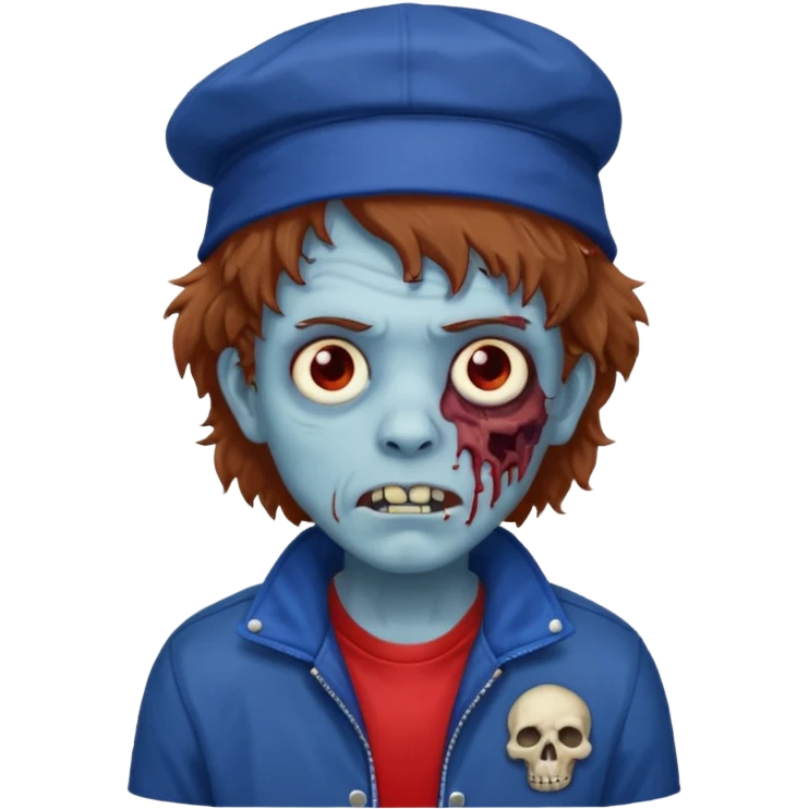 brown fluffy hair zombie with blue and white hat dark blue jilet red t shirt emoji