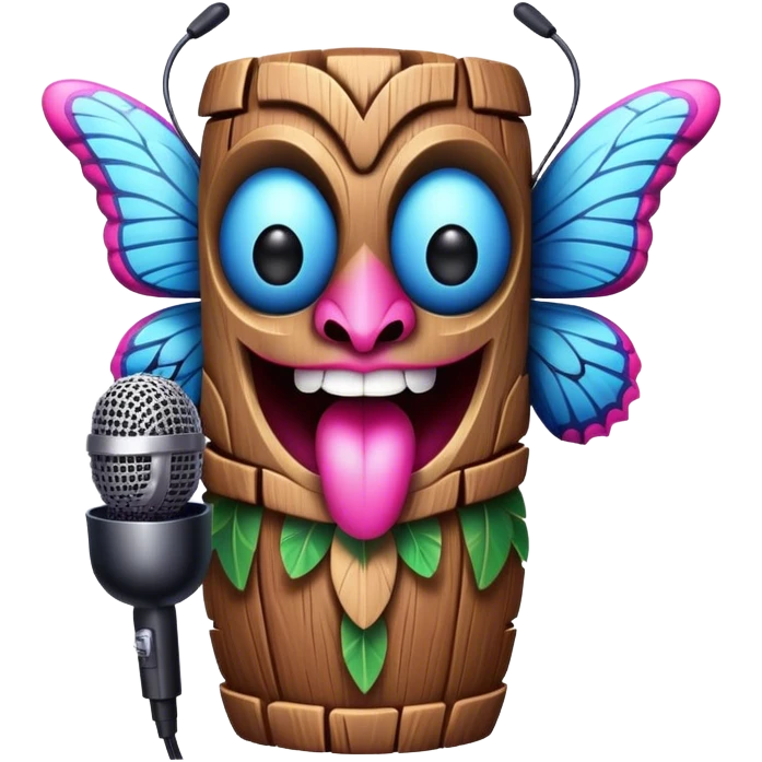 Cartoon Blue and pink tiki singing with butterfly and in the mikrophone emoji