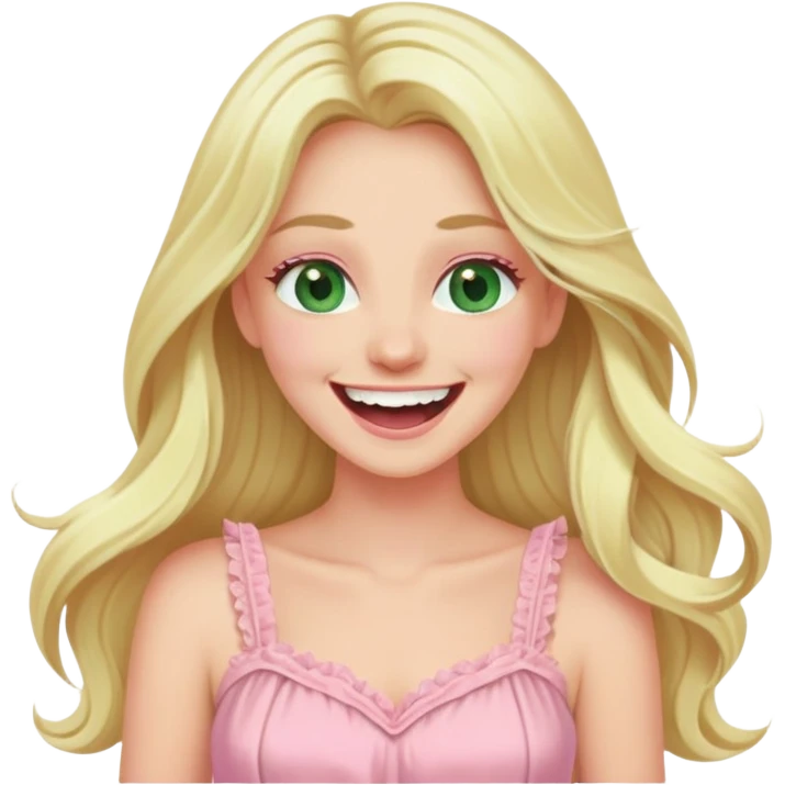 blonde with long hair and swamp eyes in a pink pastel dress, laughing emoji