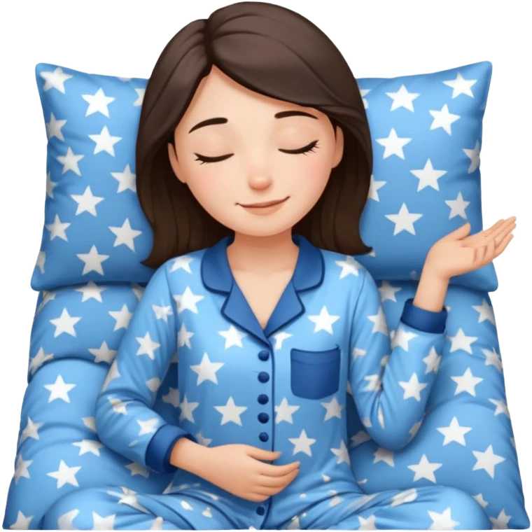 {
      "type": "human",
      "look": "woman in star-print pyjamas, soft blue set, sleepy smile",
      "description": "a woman in soft blue star-print pyjamas smiling sleepily"
    } emoji