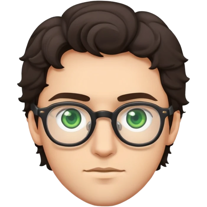 young man with dark slightly curled hair wearing glasses with green eyes emoji