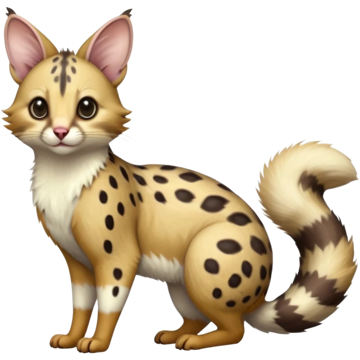 realistic fur with random dark markings beautiful elegant pretty precious cute  Fakémon-Pokémon-opossum-feline-serval-caracal-chinchilla-Furret-Minccino-hybrid-creature with a big fluffy bushy tail (full body) emoji