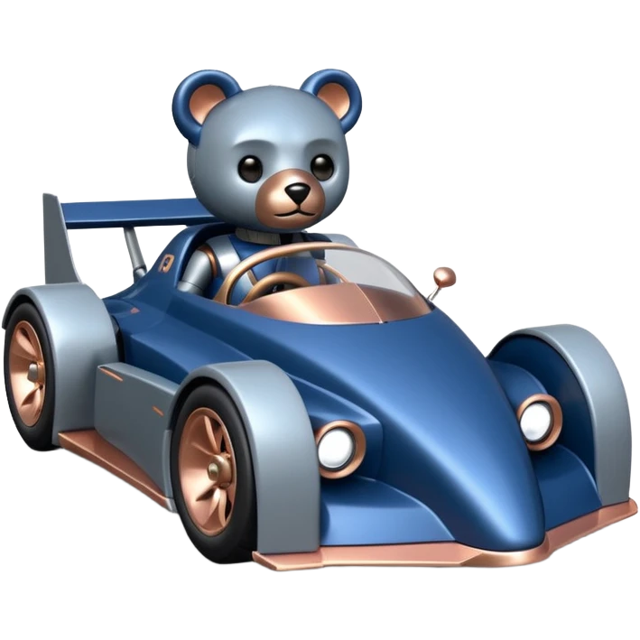 Metallic dark blue and rosegold-accented  racing car for furry-faced grey bearded evil alien scary robot teddy bear and passenger with custom aero body and rear spoiler  emoji
