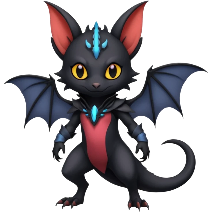 Futuristic Gothic Black Cute Dark Abyssal Vampiric Batty Ethereal Modern Salandit-Litten-Noibat-Abyss-Lykoi-Fakémon-creature-hybrid Full Body emoji