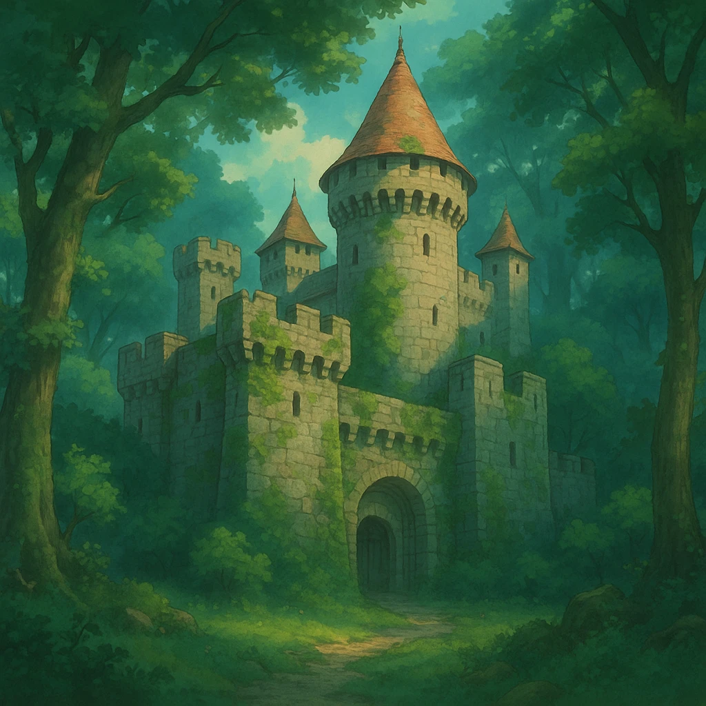 ancient stone castle surrounded by forest, magical mood, ghibli style emoji