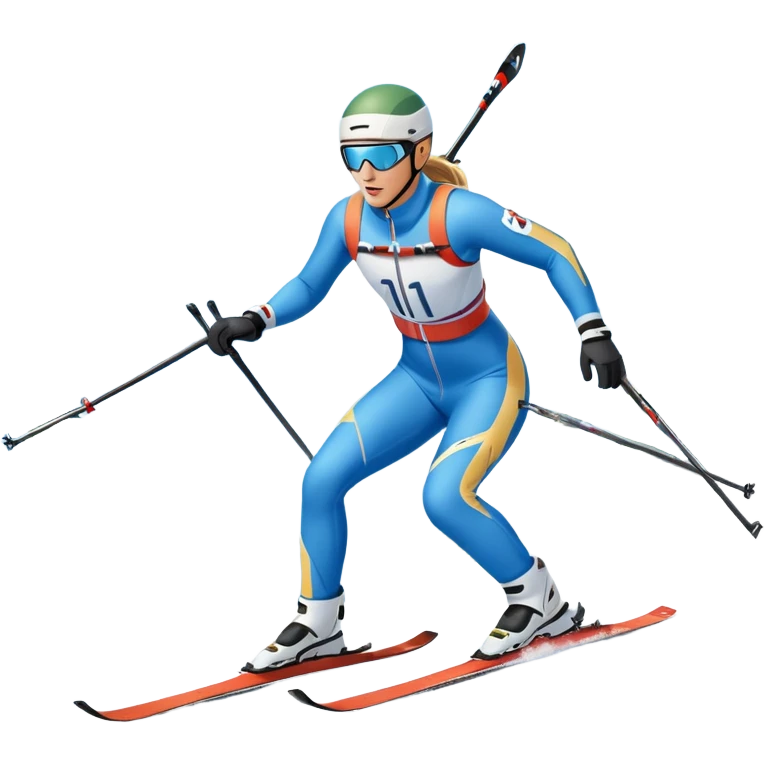 An icon featuring a biathlete in motion, holding a rifle and skiing across a snowy course. The backdrop includes snow-covered trees, distant mountains, and a clear blue sky. Transparent background highlights the precision, endurance, and excitement of biathlon. emoji