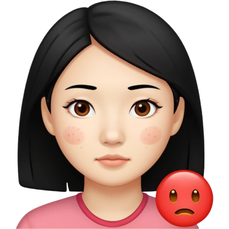 Asian girl with length black hair with facial redness acne and rosacea, a before and after with clear skin emoji