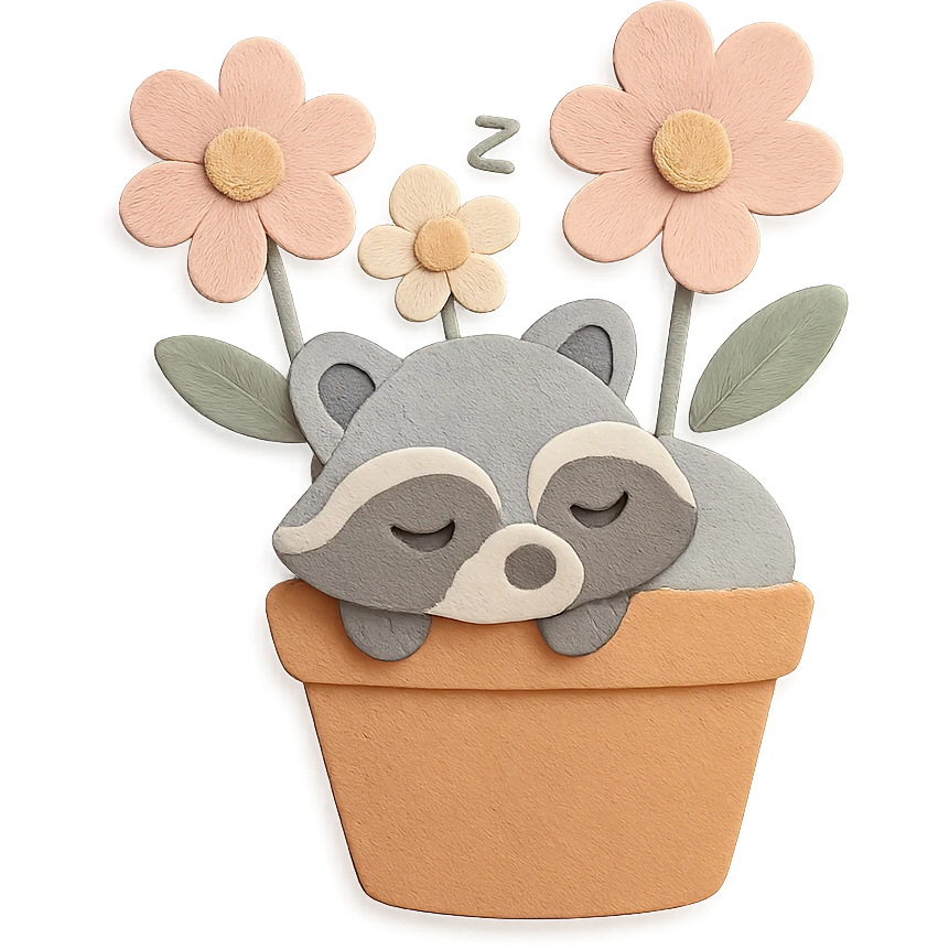 Polish the image for a cleaner, higher-quality look while keeping all design elements unchanged. Sleepy raccoon inside a flower pot with some flowers, pastel earthy and soft pastel colors, paper-craft style. emoji