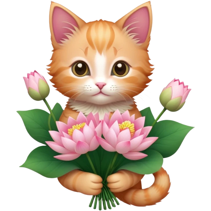 Kitten holding a bouquet of lotus flowers emoji